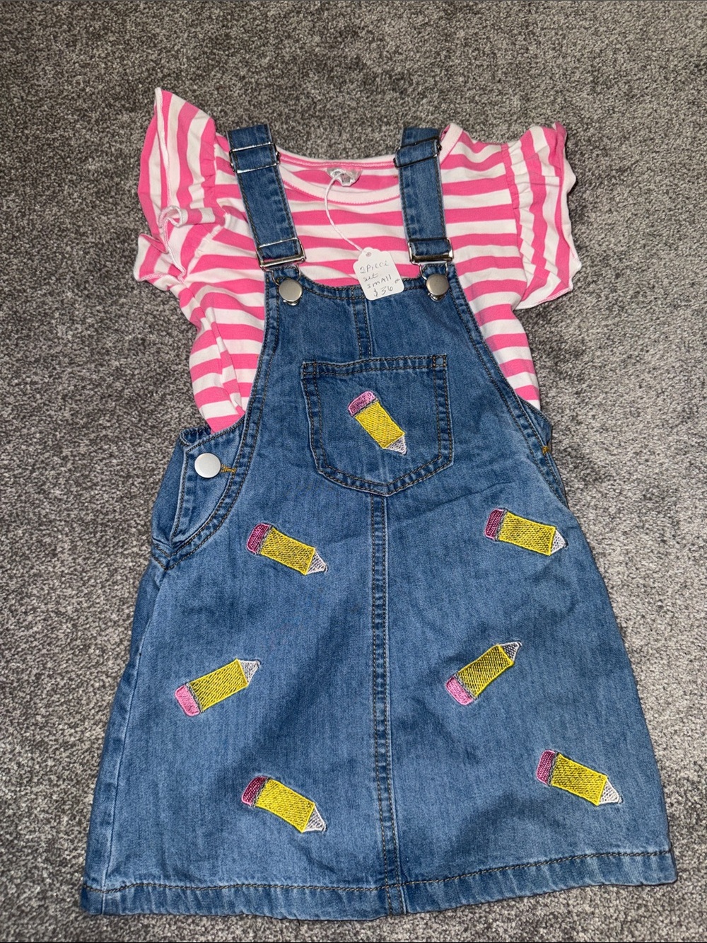 Denim Pencil Patch Overall Skirt with Pink Stripe Tee - Girls